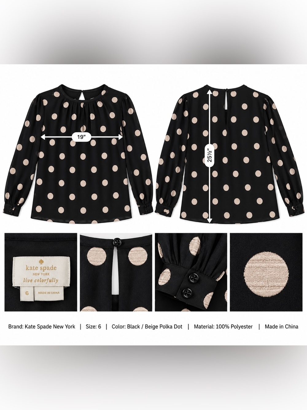 Kate Spade New York Black Gold Polka Dot Blouse Size 6